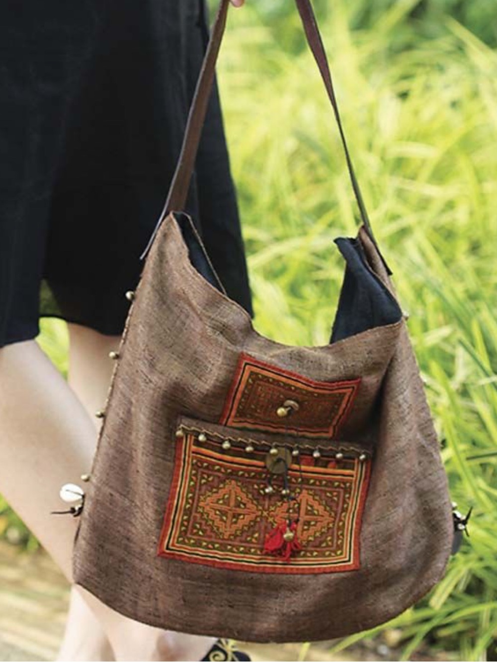Boho Hobo Shoulder Bag in Brown with Orange Embroidered Accents